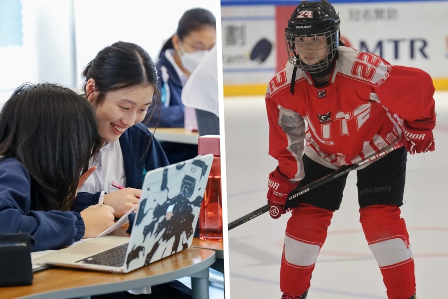 apple wang at school and playing ice hockey