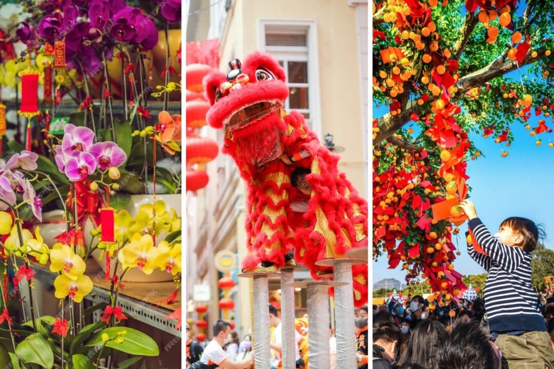 lunar new year fair, lion dance and well-wishing festival during chinese new year in hong kong
