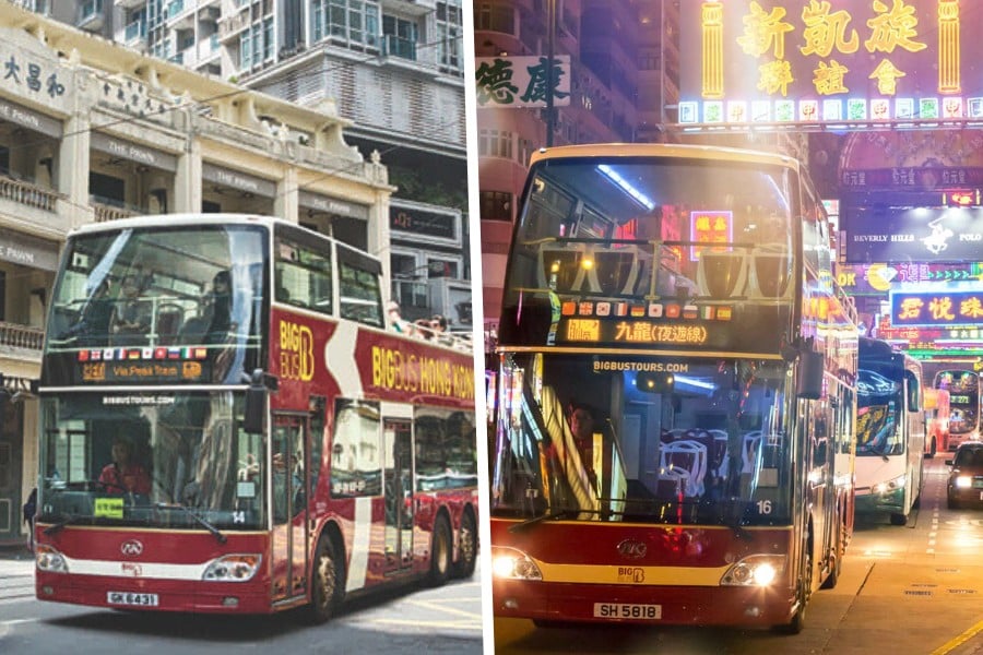 big bus tour on the road in wan chai and kowloon