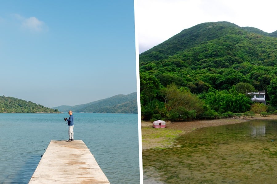 a man standing at the chek keng pier and camping near the water at chek keng