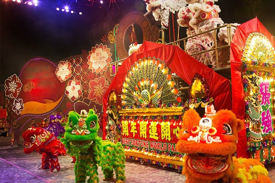 lion dance performance at chinese new year night parade