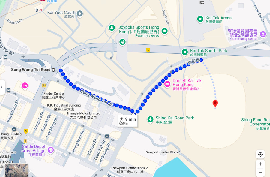 Sung Wong Toi Road Pick-up/Drop-off Area to the stadium (Google Maps)