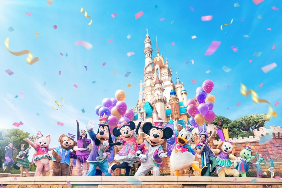 disney characters and the signature castle at hong kong disneyland