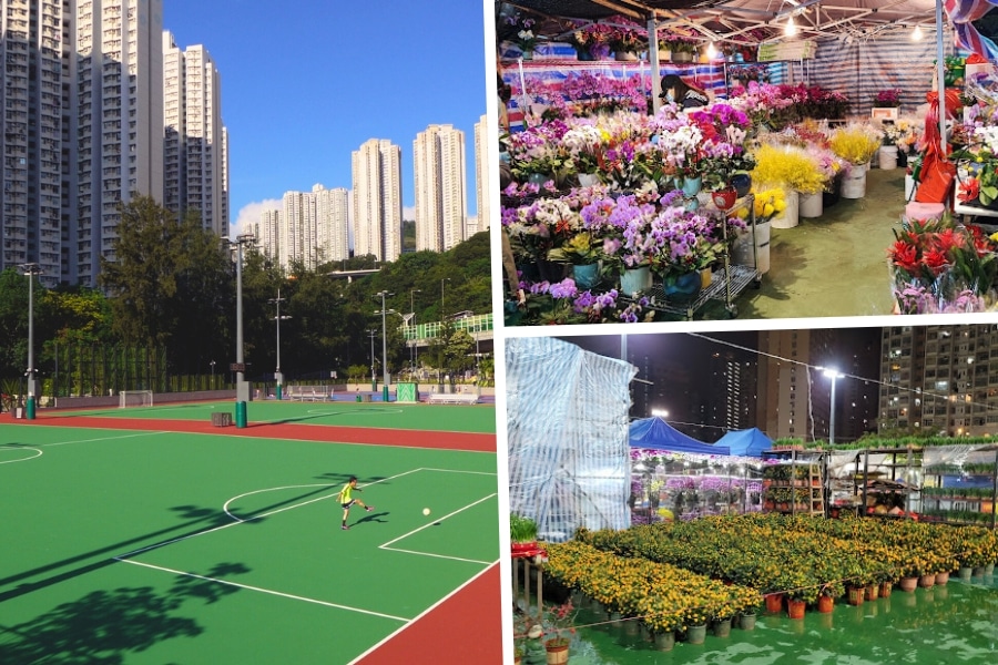 the soccer field and the wet good stalls at kwun tong recreation ground cny fair