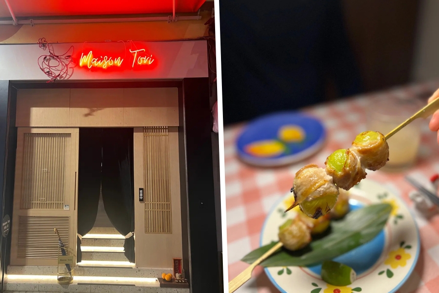 the entrance and the grilled pork and chicken dish at maison tori new restaurant in central