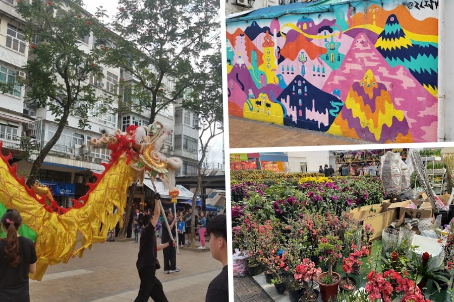 the dragon dance, wall mural and flower booth at lunar new year fair at man yee playground in sai kung