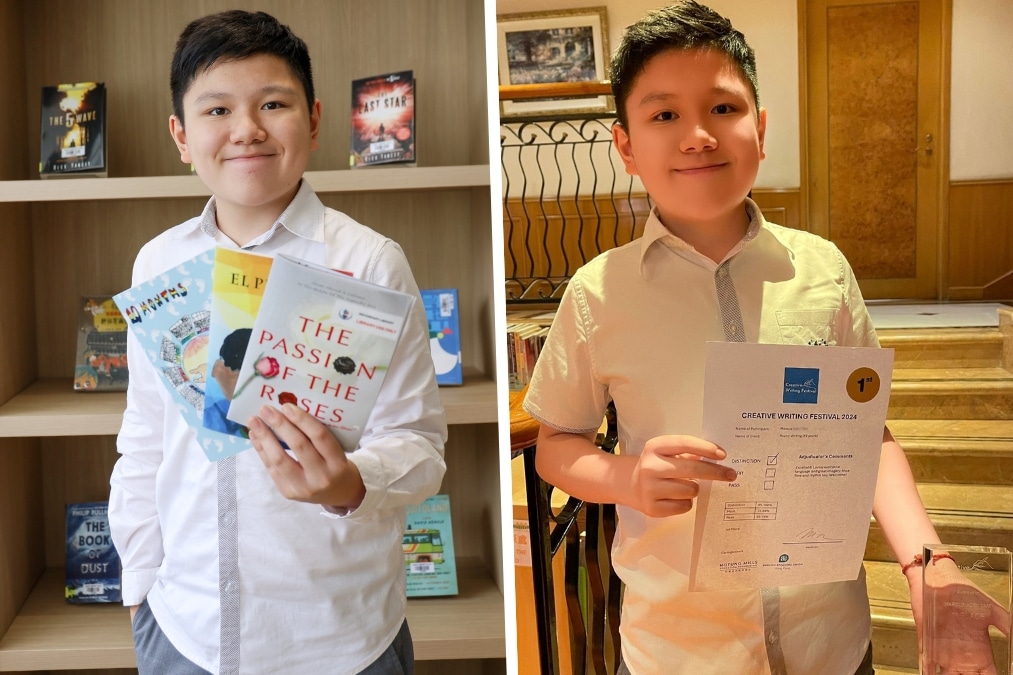 marcus tam american school hong kong student with books and award