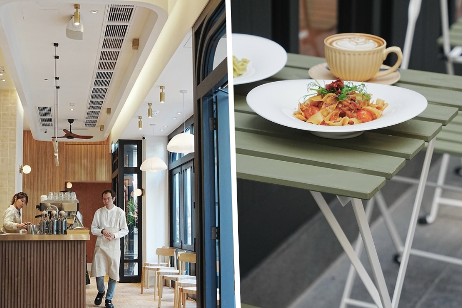 the interior and pasta served in outdoor area of moma new restaurant in central