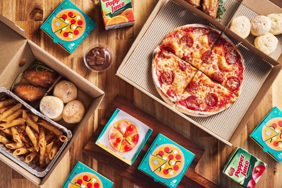 The options for children at Pizza Express, which includes chicken wings, dough balls, pasta, pizza and juice boxes.