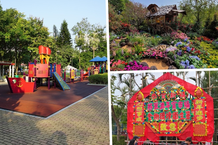 the children's playground, garden display and lunar new year decor at po hong park in tseung kwan o