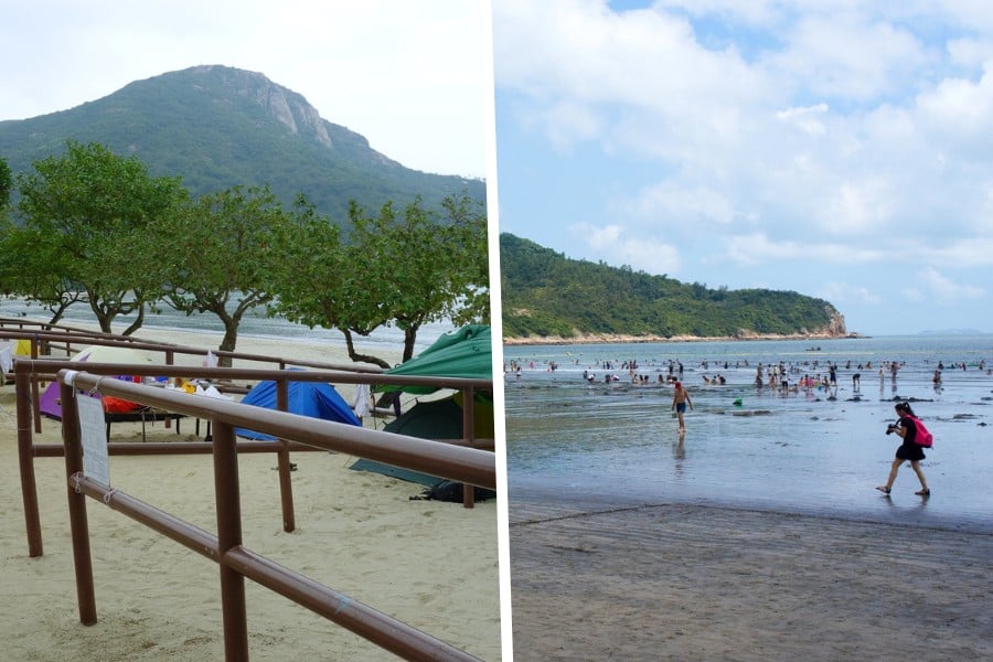 pui o campsite in lantau and the beach during low tide