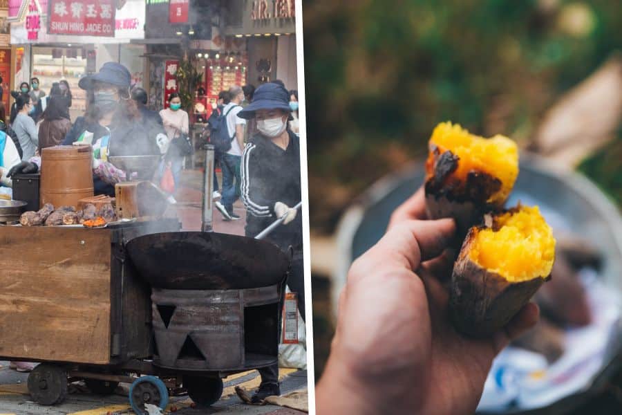 a pushcart selling roasted sweet potatoes and a close up of the street snack