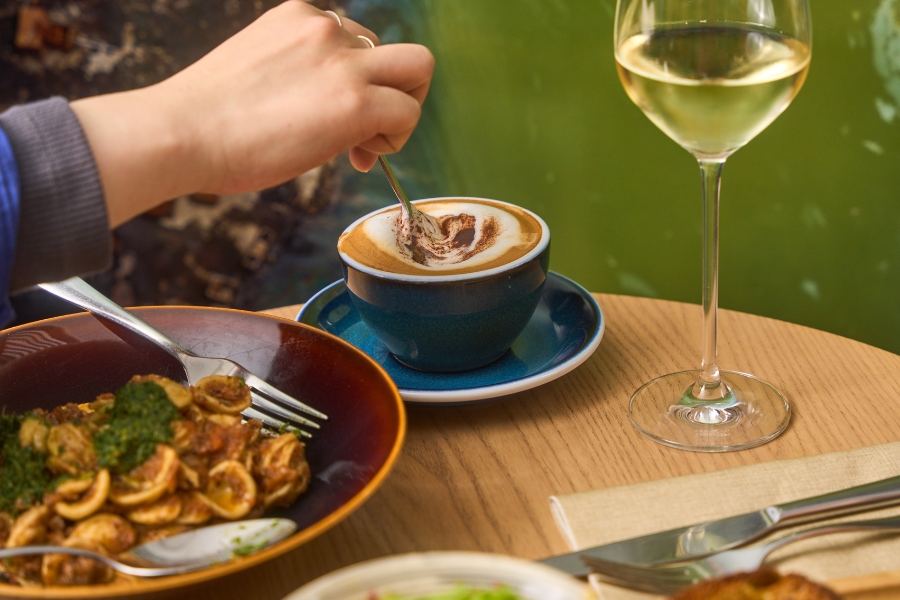 coffee white wine and pasta at servo new restaurant in central
