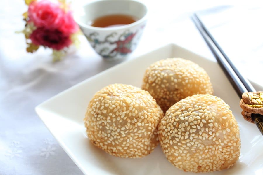 Sesame balls with taro, custard and peanuts fillings chinese new year