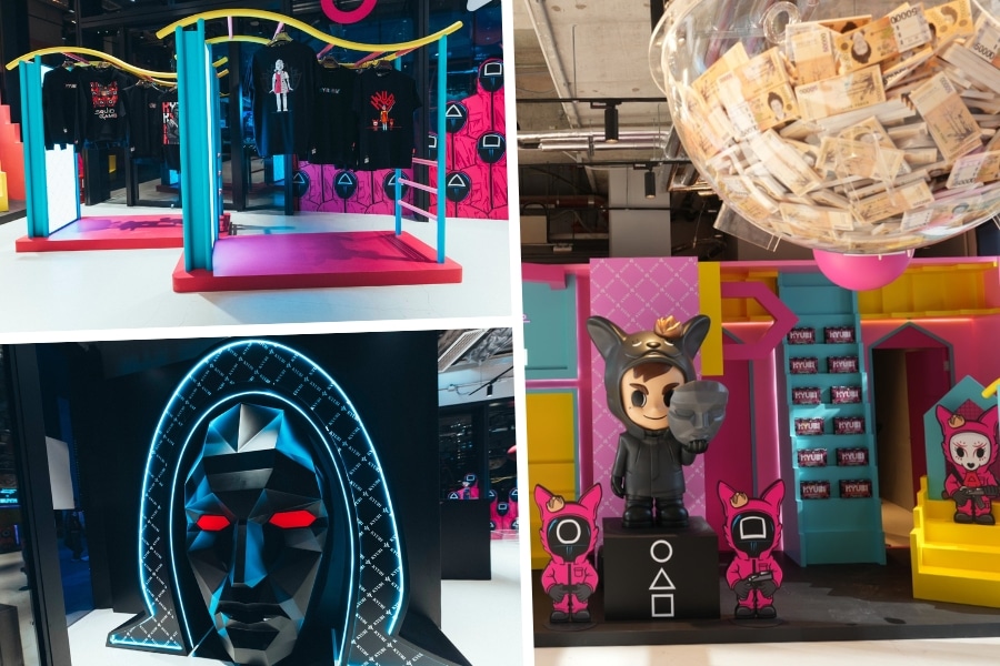 squid-game pop-up with piggy bank, front man mask and t-shirts
