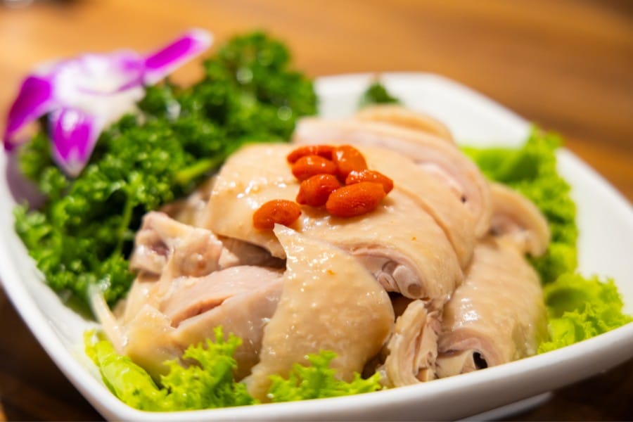 close up of a steamed chicken dish