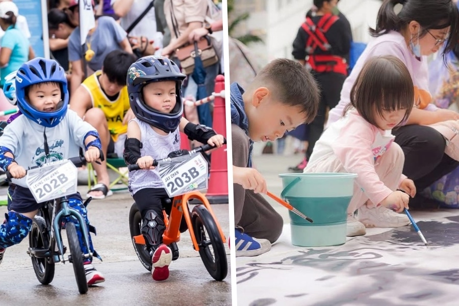 kids riding balance bike and painting