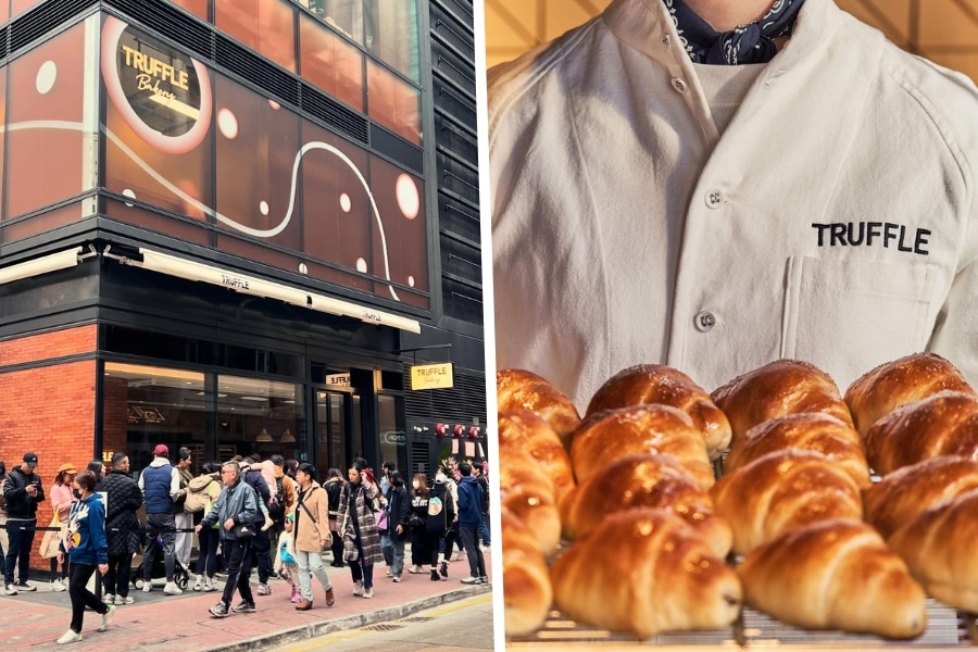 the exterior and the croissant at truffle bakery new restuarant in causeway bay