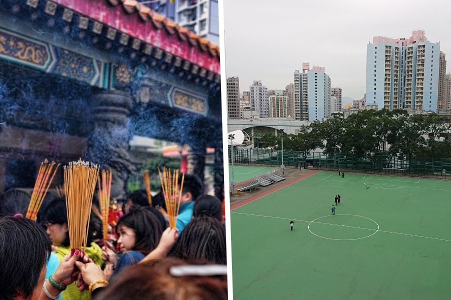 people placing incense stick in the new year at wong tai sin temple and the tsz wan sha estate central playground used for cny flower market