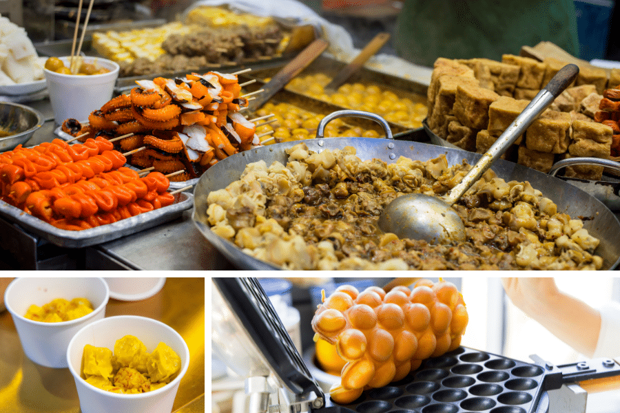 Hong Kong's iconic street snacks, featuring egg waffles, fish balls, and Siu Mai.